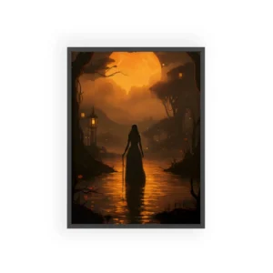 Woman Silhouette in Moonlit Swamp Framed Poster