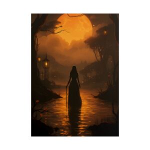 Woman Silhouette in Moonlit Swamp Poster