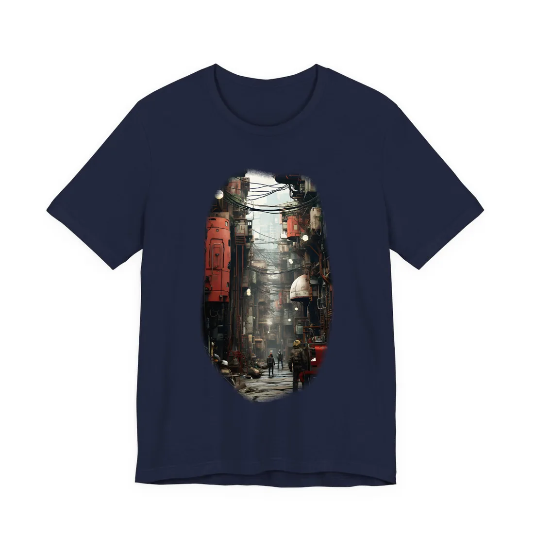 A New Era Unfolds: Post-Apocalyptic Steampunk Cityscape - T-Shirt (Navy)
