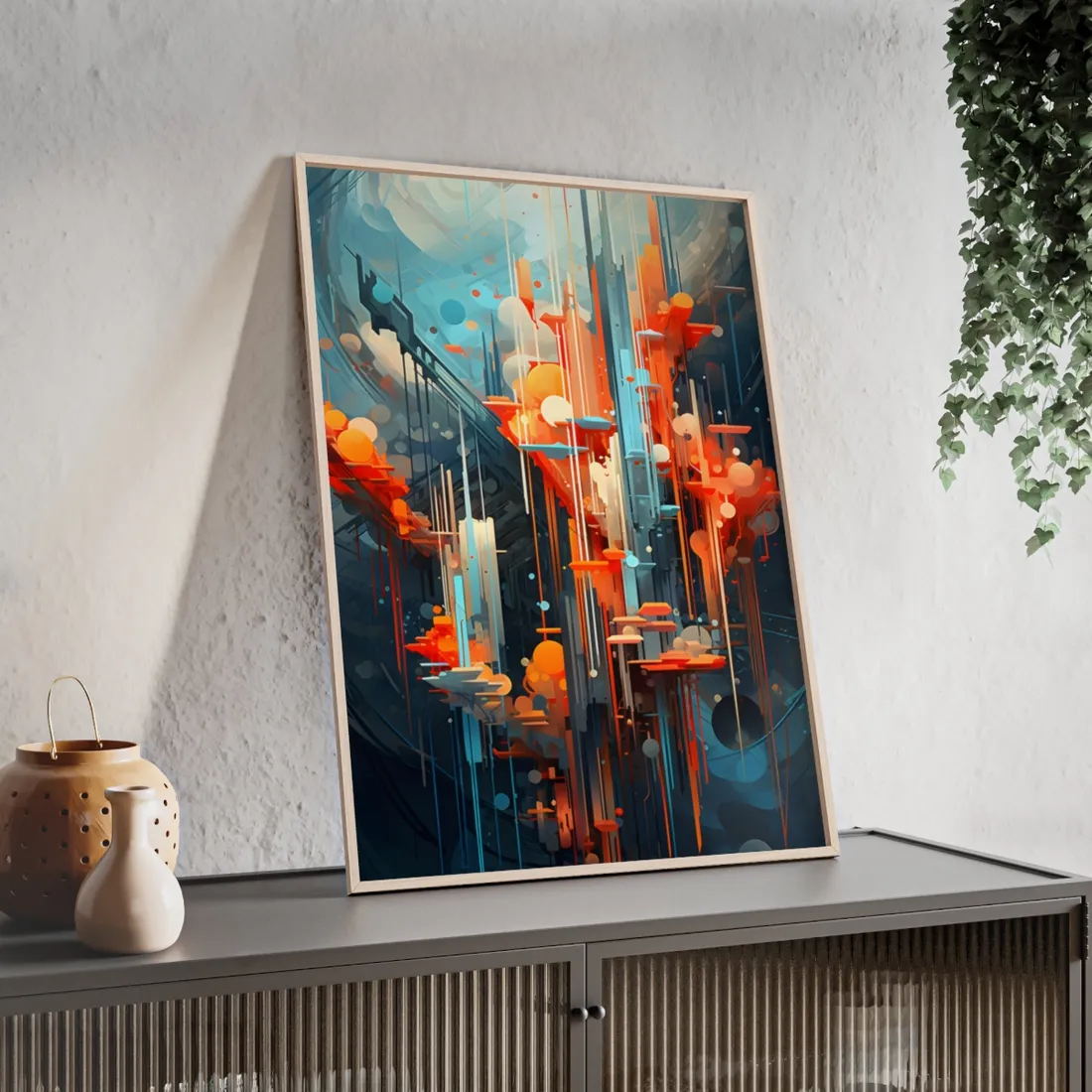 Abstract Cyber Dreamscape: Vibrant Colors and Neon Lights Digital Art - Framed Poster