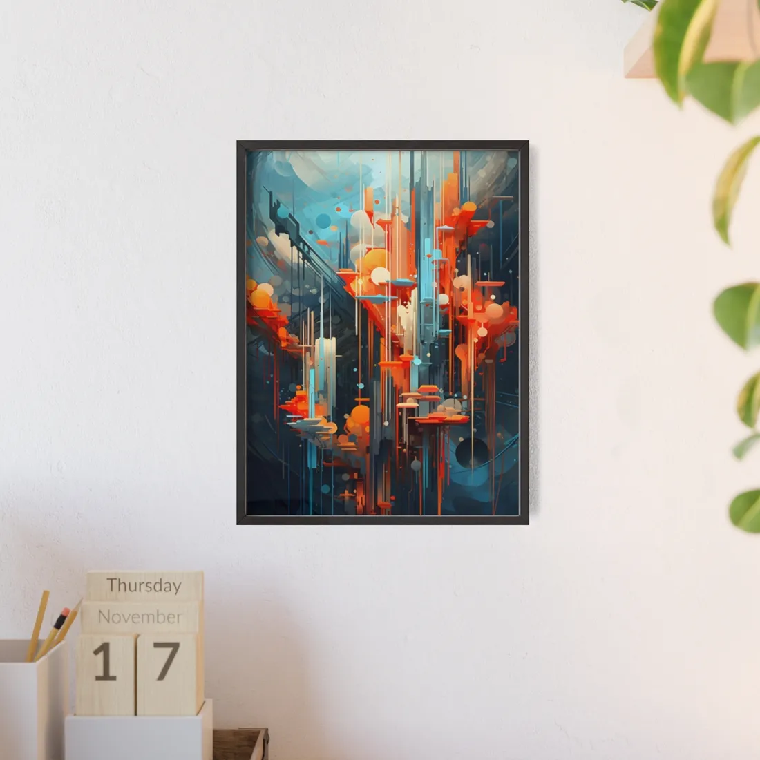 Abstract Cyber Dreamscape: Vibrant Colors and Neon Lights Digital Art - Framed Poster