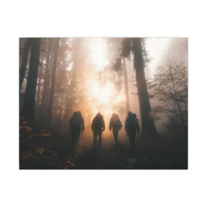 Hikers in Misty Forest Canvas Print