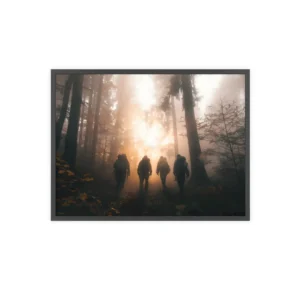 Hikers in Misty Forest Framed Poster