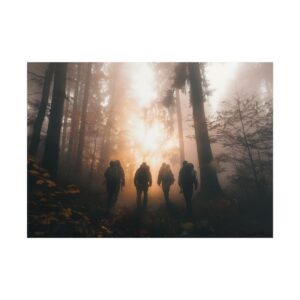 Hikers in Misty Forest Poster