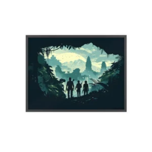 Silhouetted Figures in Jungle Ruins Framed Poster