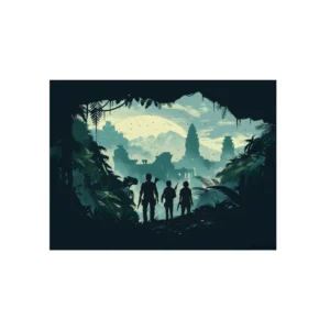 Silhouetted Figures in Jungle Ruins Metal Poster