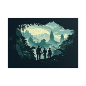Silhouetted Figures in Jungle Ruins Poster
