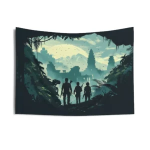 Silhouetted Figures in Jungle Ruins Wall Tapestry