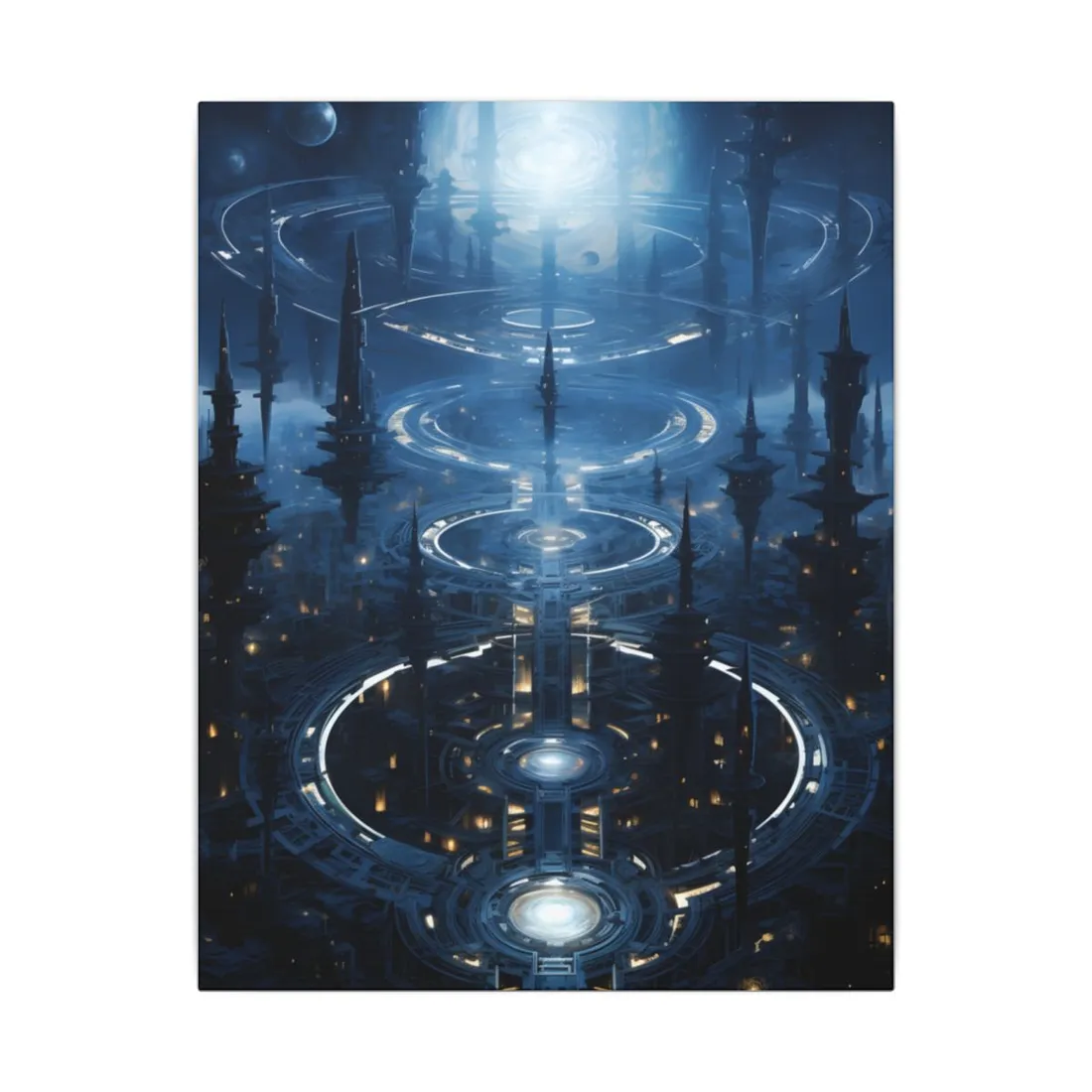 Aetherial Space Station: Galactic Hub in Vibrant Blue Nebula - Canvas