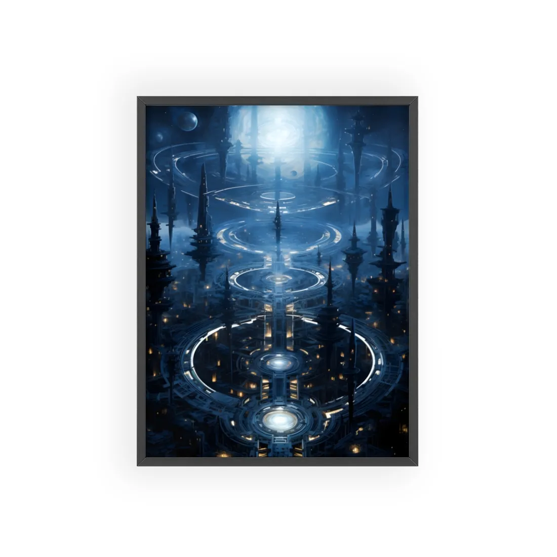 Aetherial Space Station: Galactic Hub in Vibrant Blue Nebula - Framed Poster