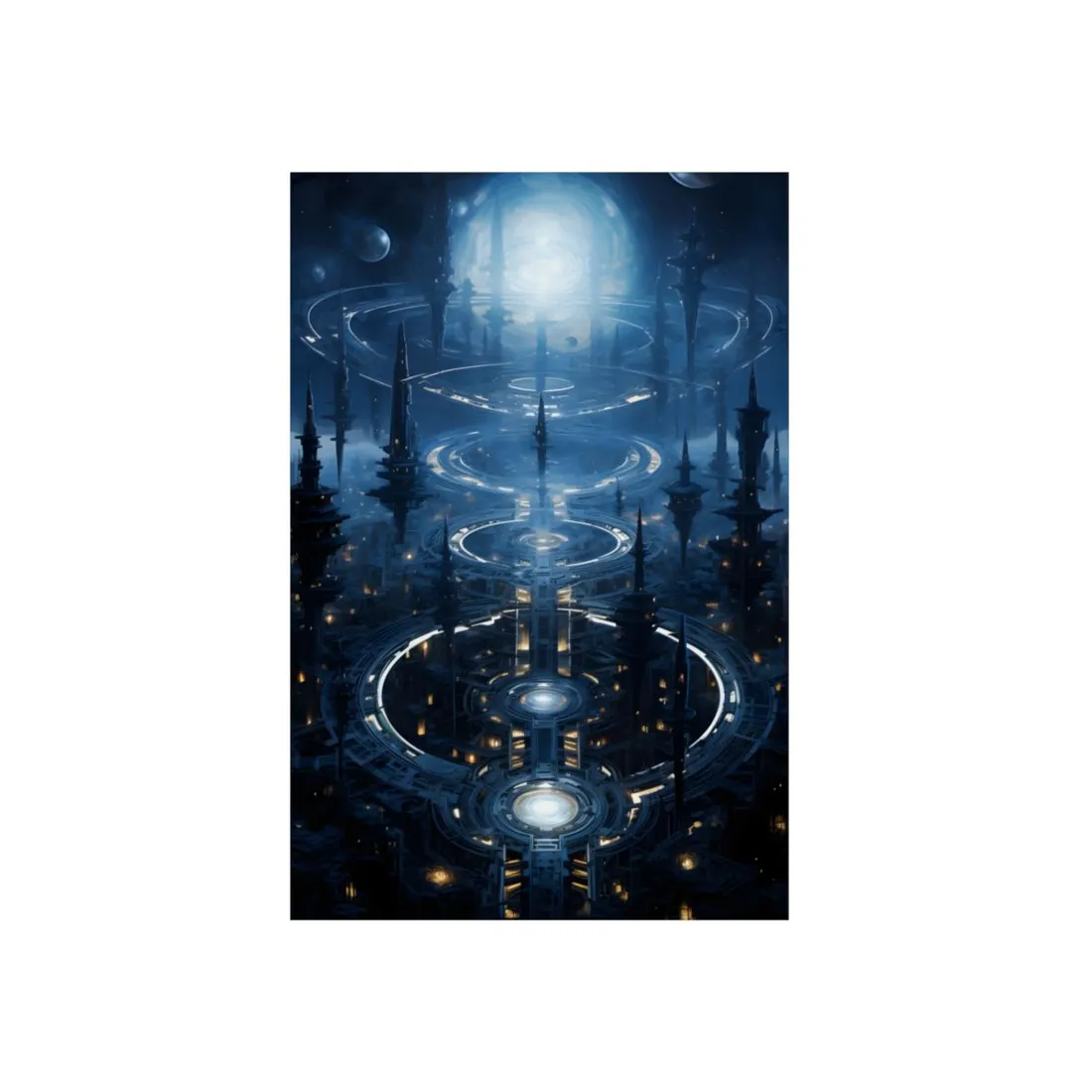 Aetherial Space Station: Galactic Hub in Vibrant Blue Nebula - Metal Poster