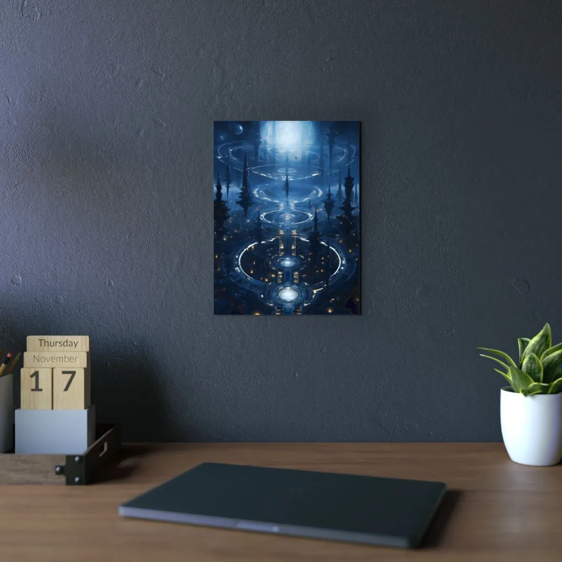 Aetherial Space Station: Galactic Hub in Vibrant Blue Nebula - Metal Poster