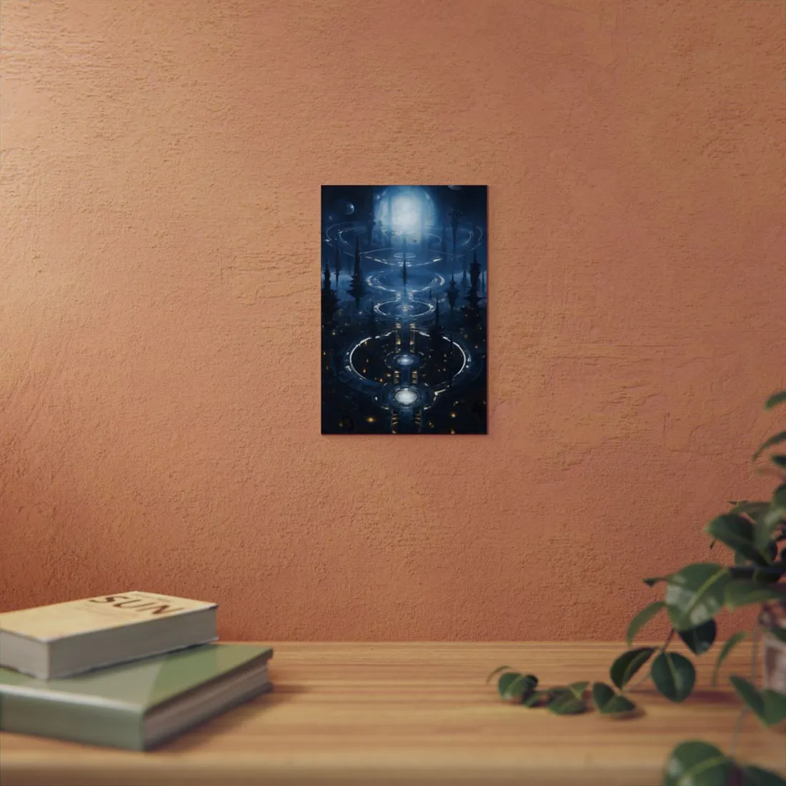 Aetherial Space Station: Galactic Hub in Vibrant Blue Nebula - Metal Poster