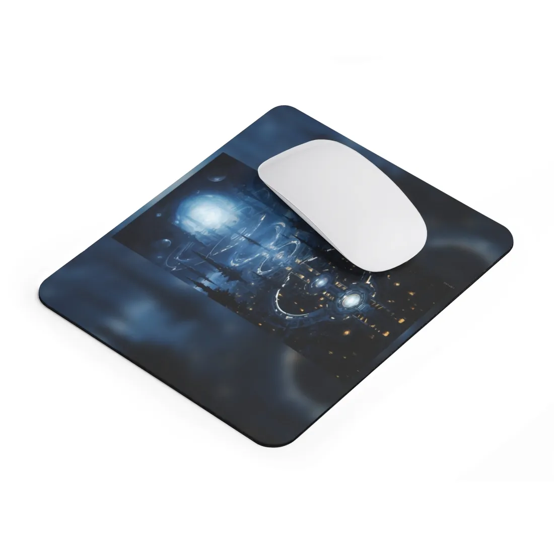 Aetherial Space Station: Galactic Hub in Vibrant Blue Nebula - Mouse Pad