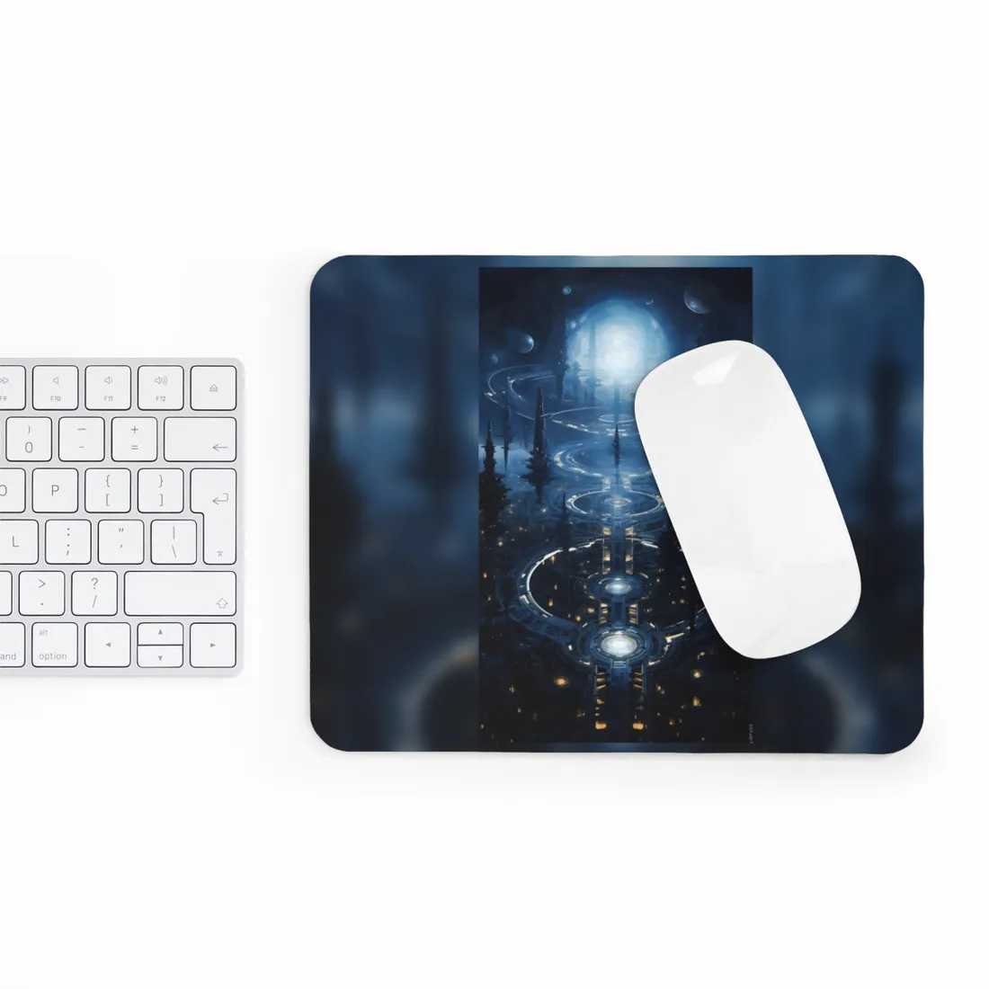 Aetherial Space Station: Galactic Hub in Vibrant Blue Nebula - Mouse Pad
