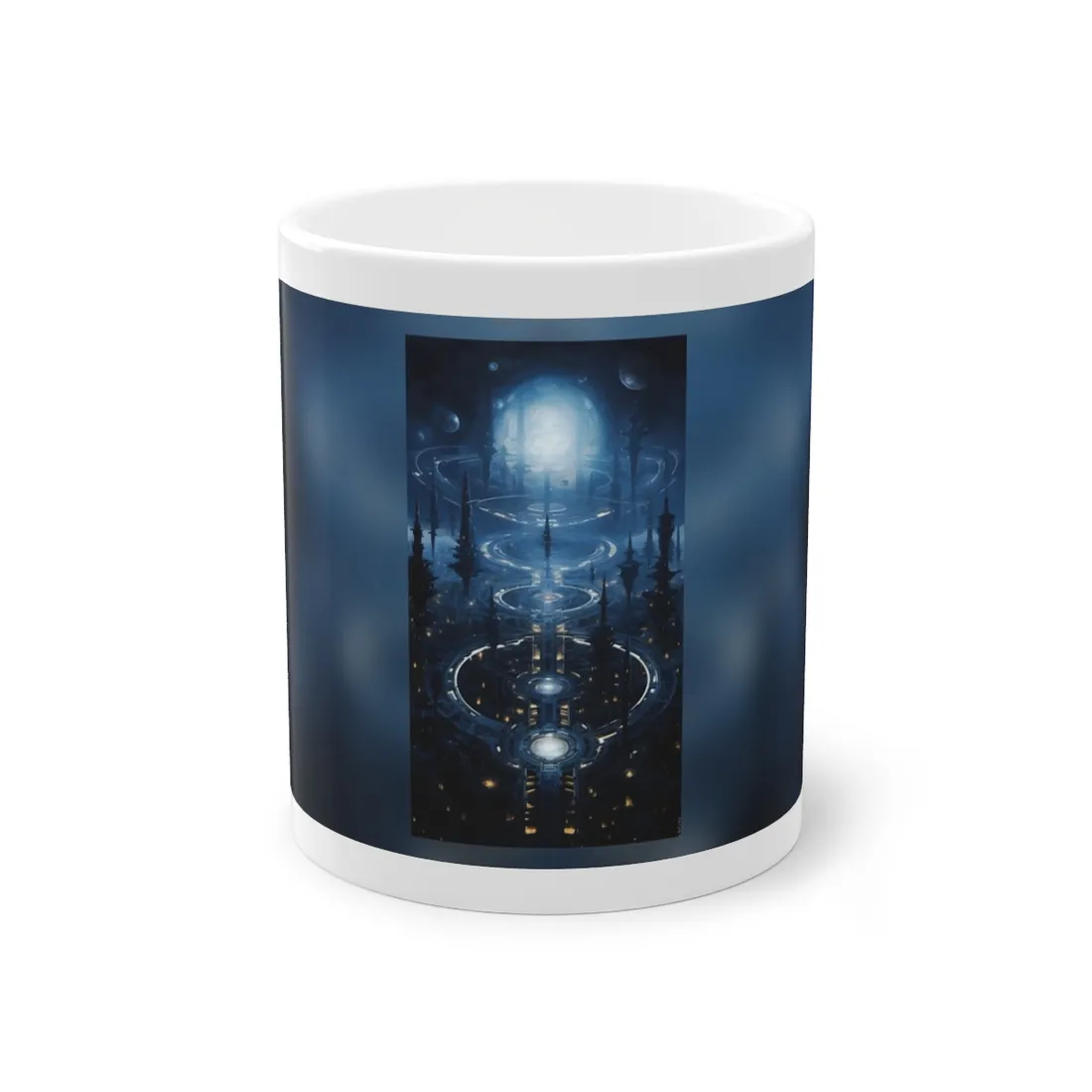 Aetherial Space Station: Galactic Hub in Vibrant Blue Nebula - Mug