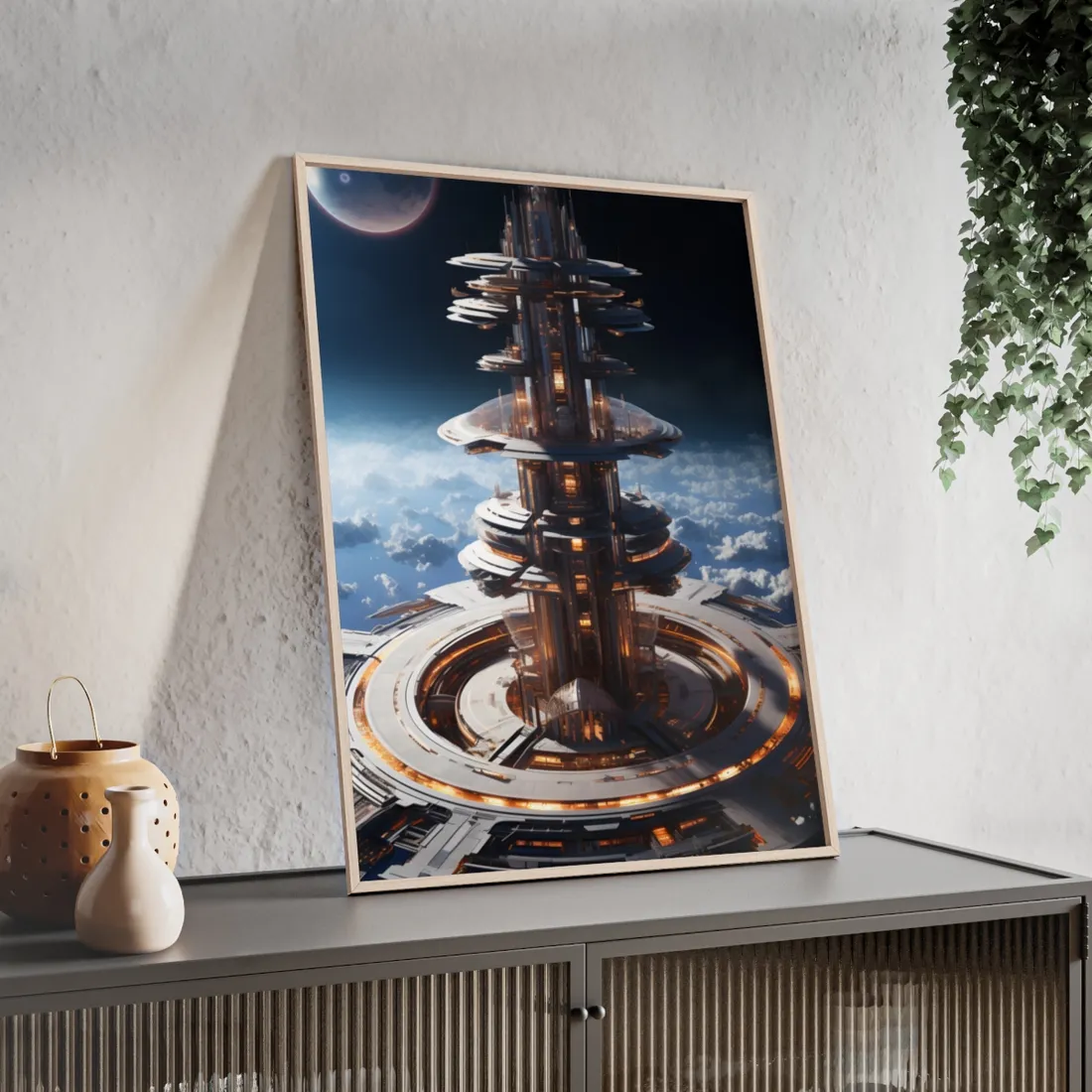 Aetherial Space Station: Industrial Haven with Habitation Windows - Framed Poster