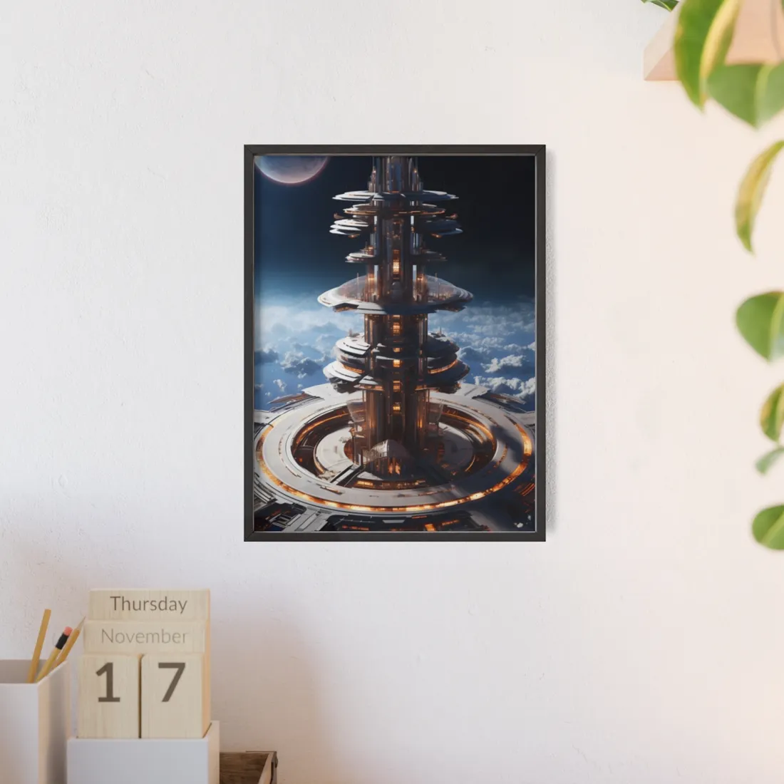 Aetherial Space Station: Industrial Haven with Habitation Windows - Framed Poster