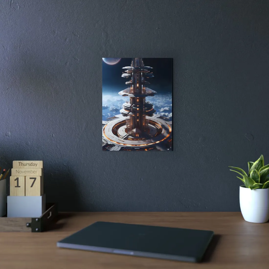 Aetherial Space Station: Industrial Haven with Habitation Windows - Metal Poster