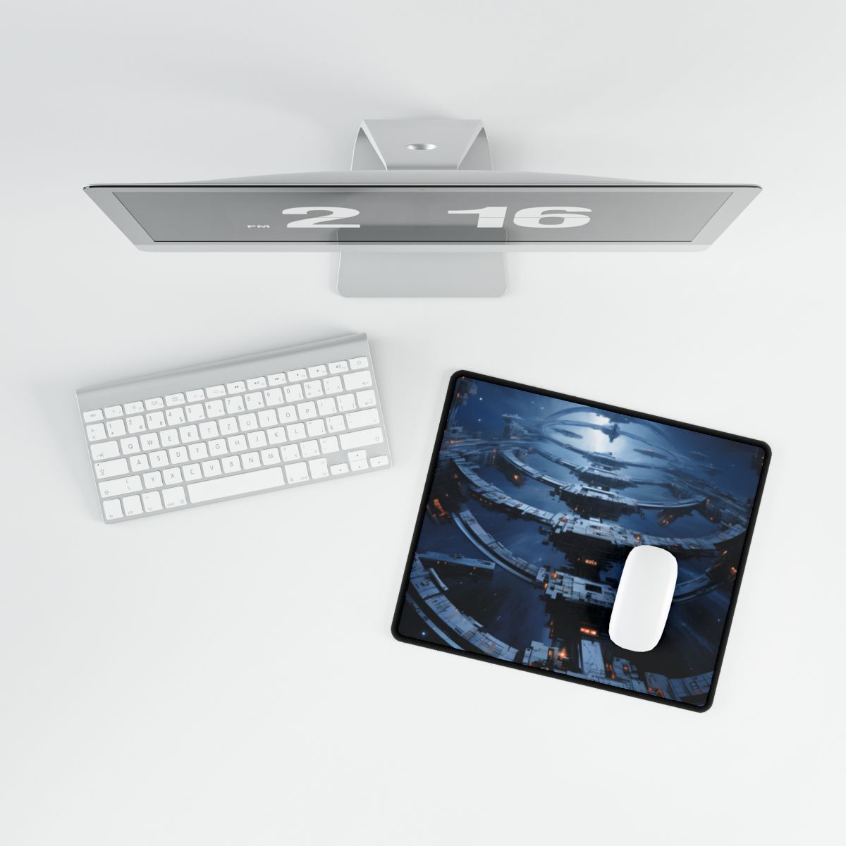 Blue-toned space station of concentric rings with glowing orange windows, surrounded by – Desk Mat, room mockup, view 3
