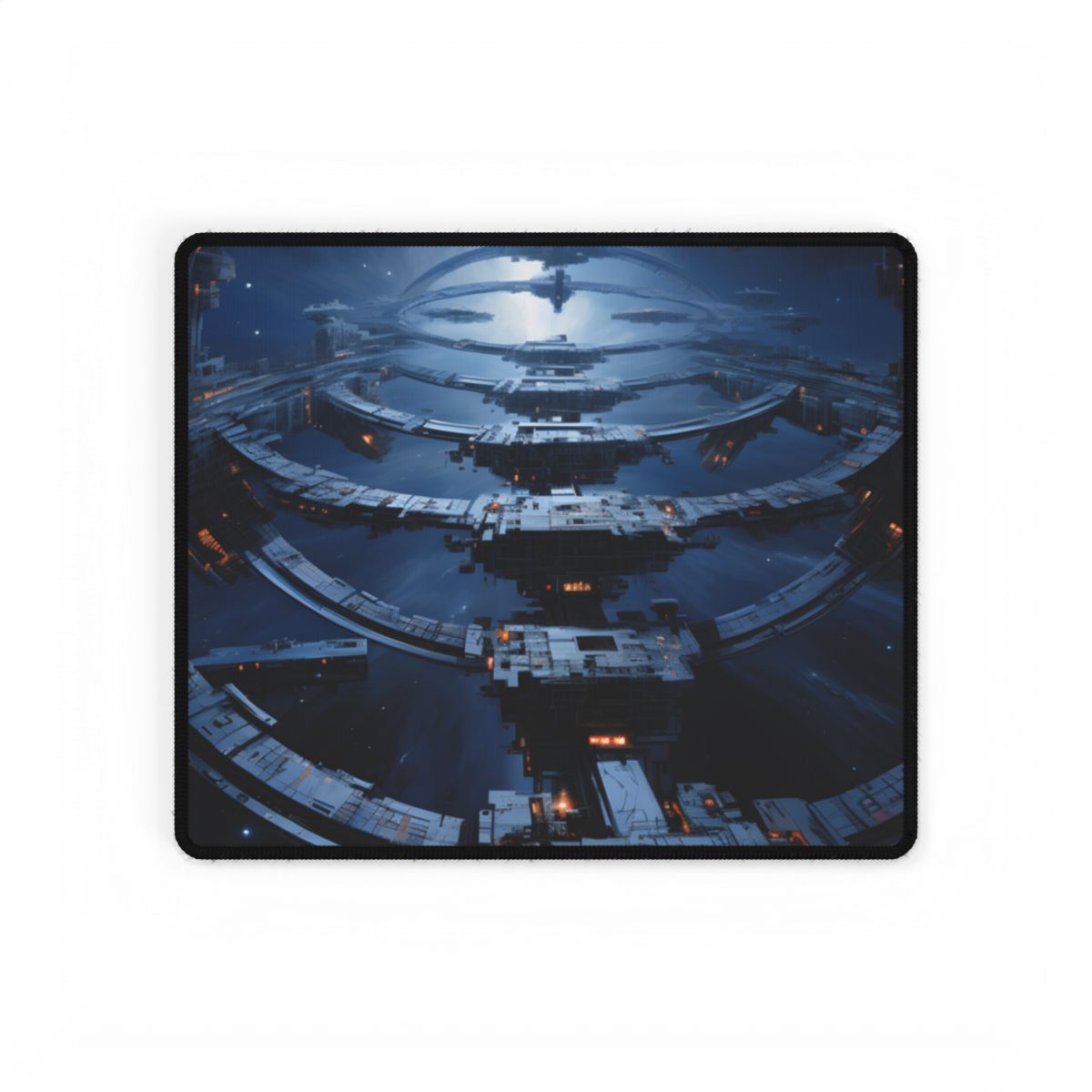 Blue-toned space station of concentric rings with glowing orange windows, surrounded by drifting ships – Desk Mat, front view