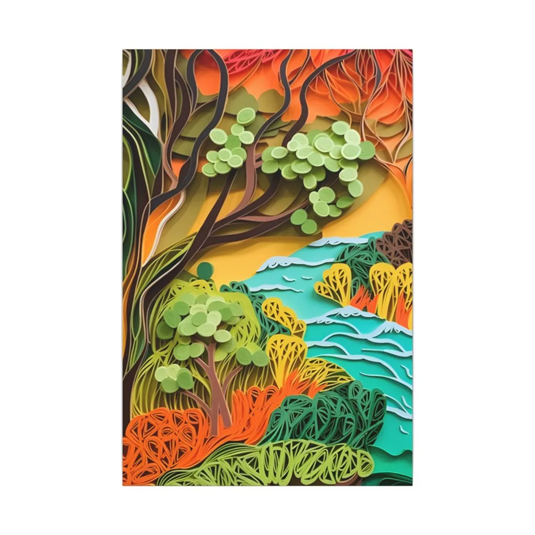African Paper Quilled Landscape: Artwork in Brown and Green - Canvas