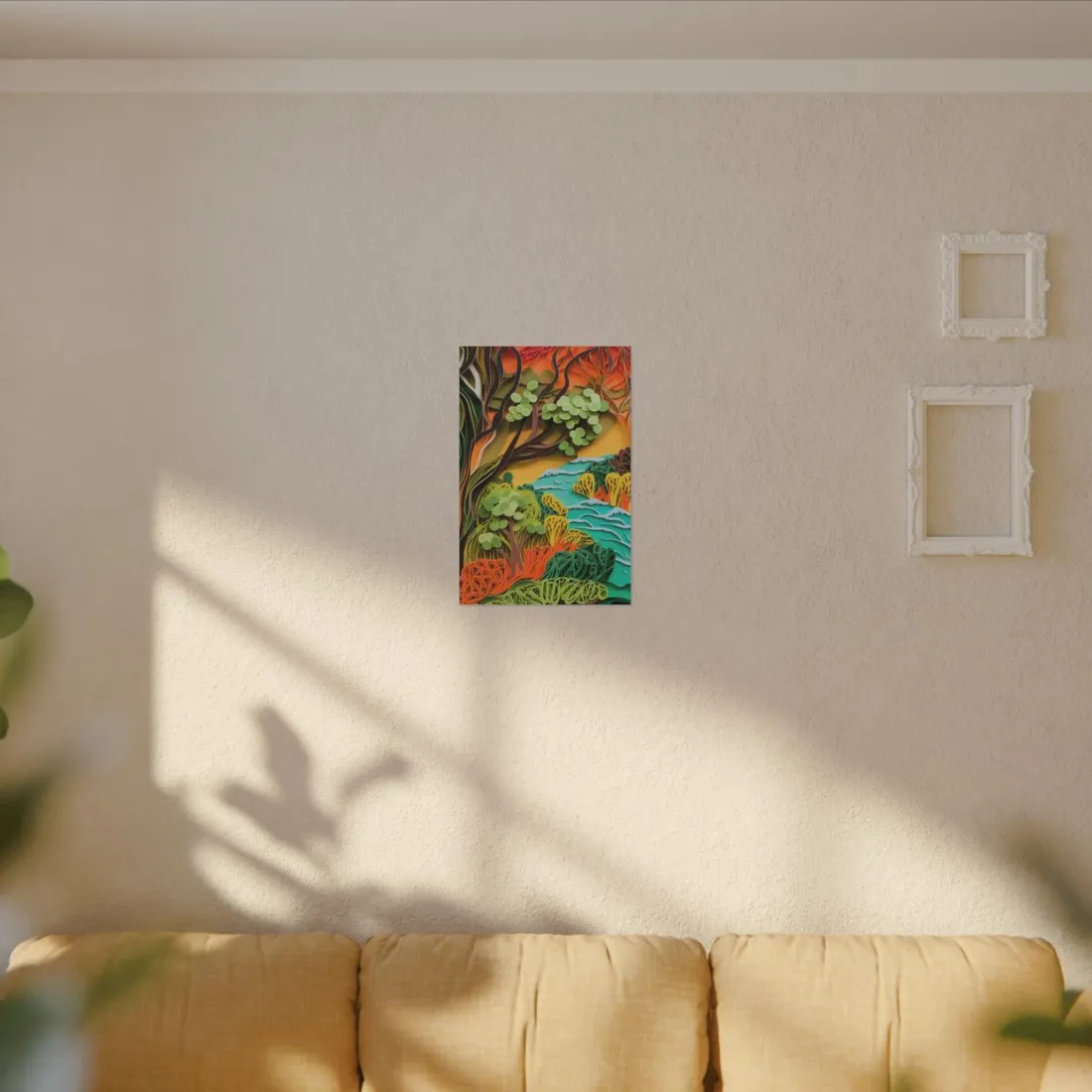 African Paper Quilled Landscape: Artwork in Brown and Green - Canvas