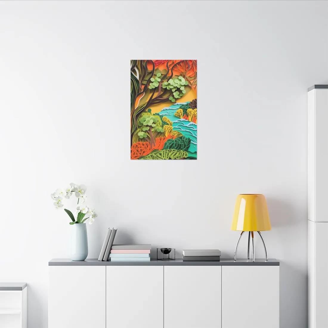 African Paper Quilled Landscape: Artwork in Brown and Green - Canvas