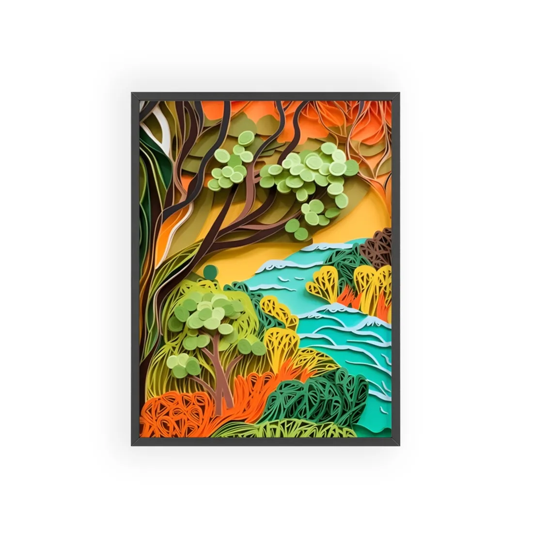 African Paper Quilled Landscape: Artwork in Brown and Green - Framed Poster
