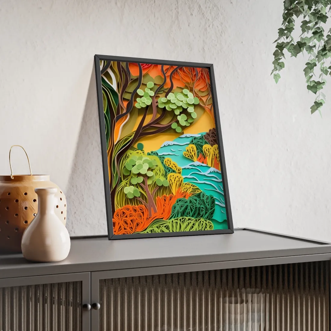 African Paper Quilled Landscape: Artwork in Brown and Green - Framed Poster