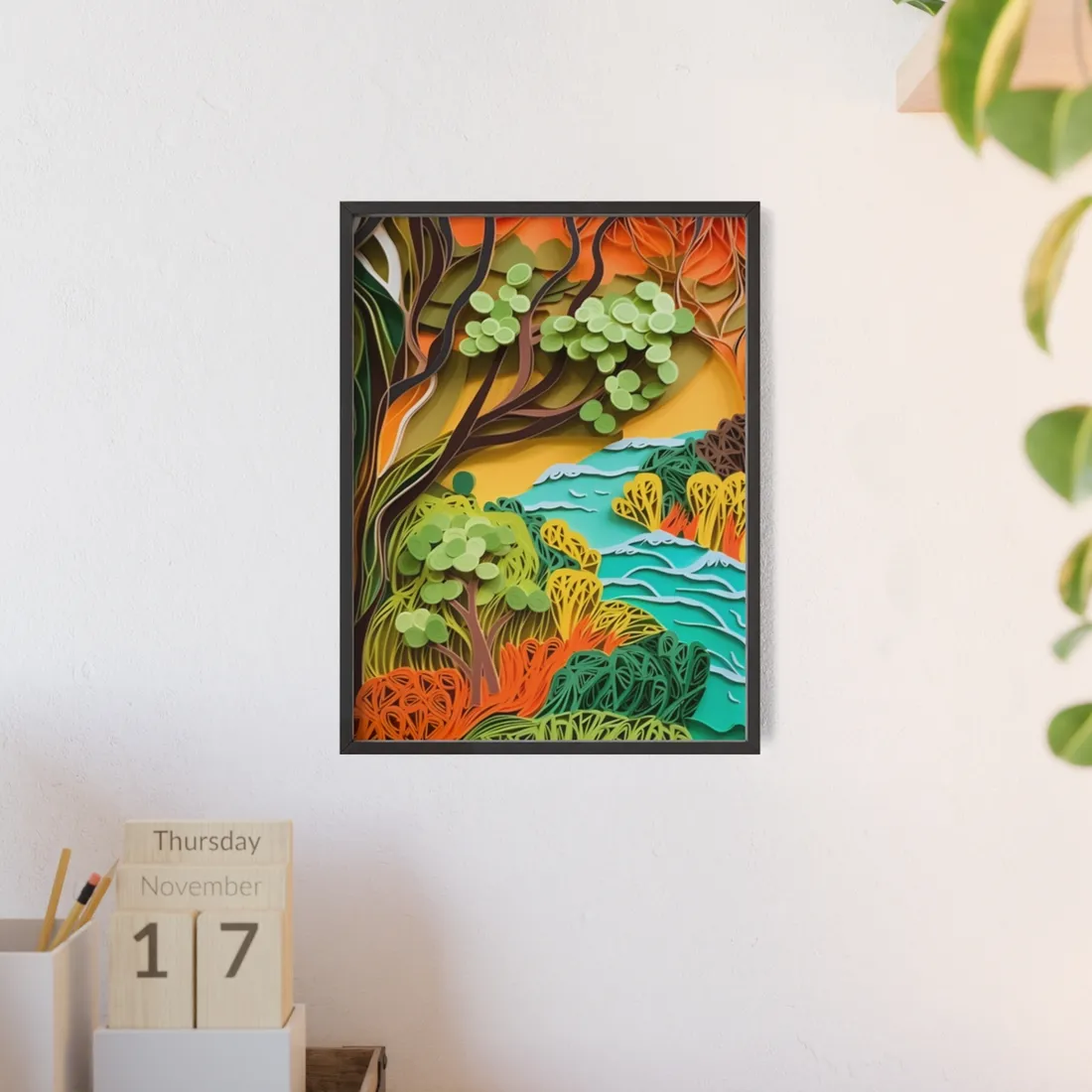 African Paper Quilled Landscape: Artwork in Brown and Green - Framed Poster