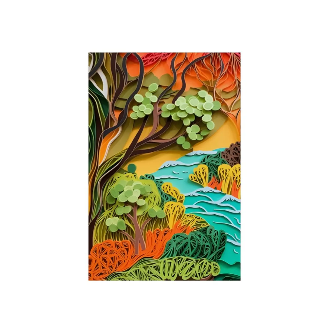 African Paper Quilled Landscape: Artwork in Brown and Green - Metal Poster
