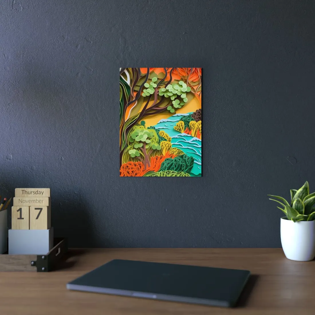 African Paper Quilled Landscape: Artwork in Brown and Green - Metal Poster