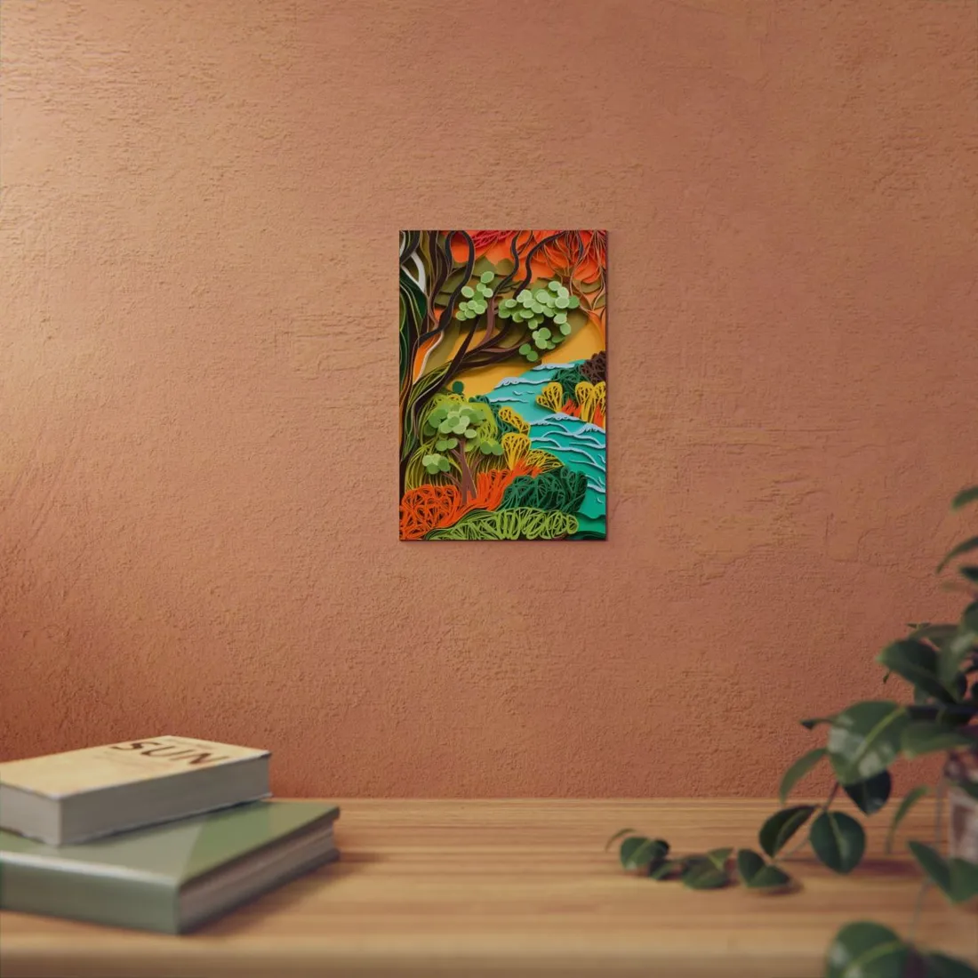 African Paper Quilled Landscape: Artwork in Brown and Green - Metal Poster