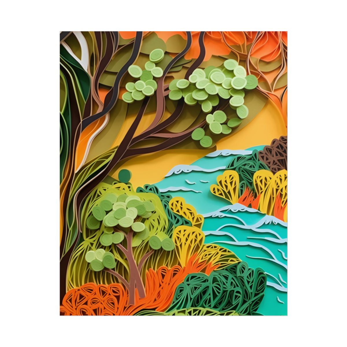 African Paper Quilled Landscape: Artwork in Brown and Green - Poster