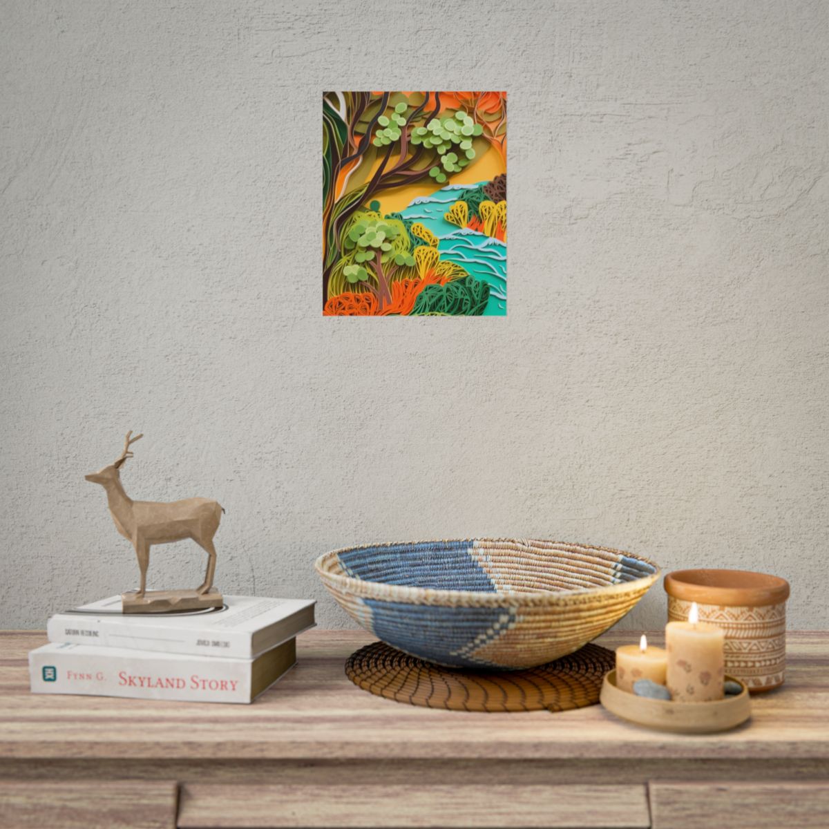 African Paper Quilled Landscape: Artwork in Brown and Green - Poster