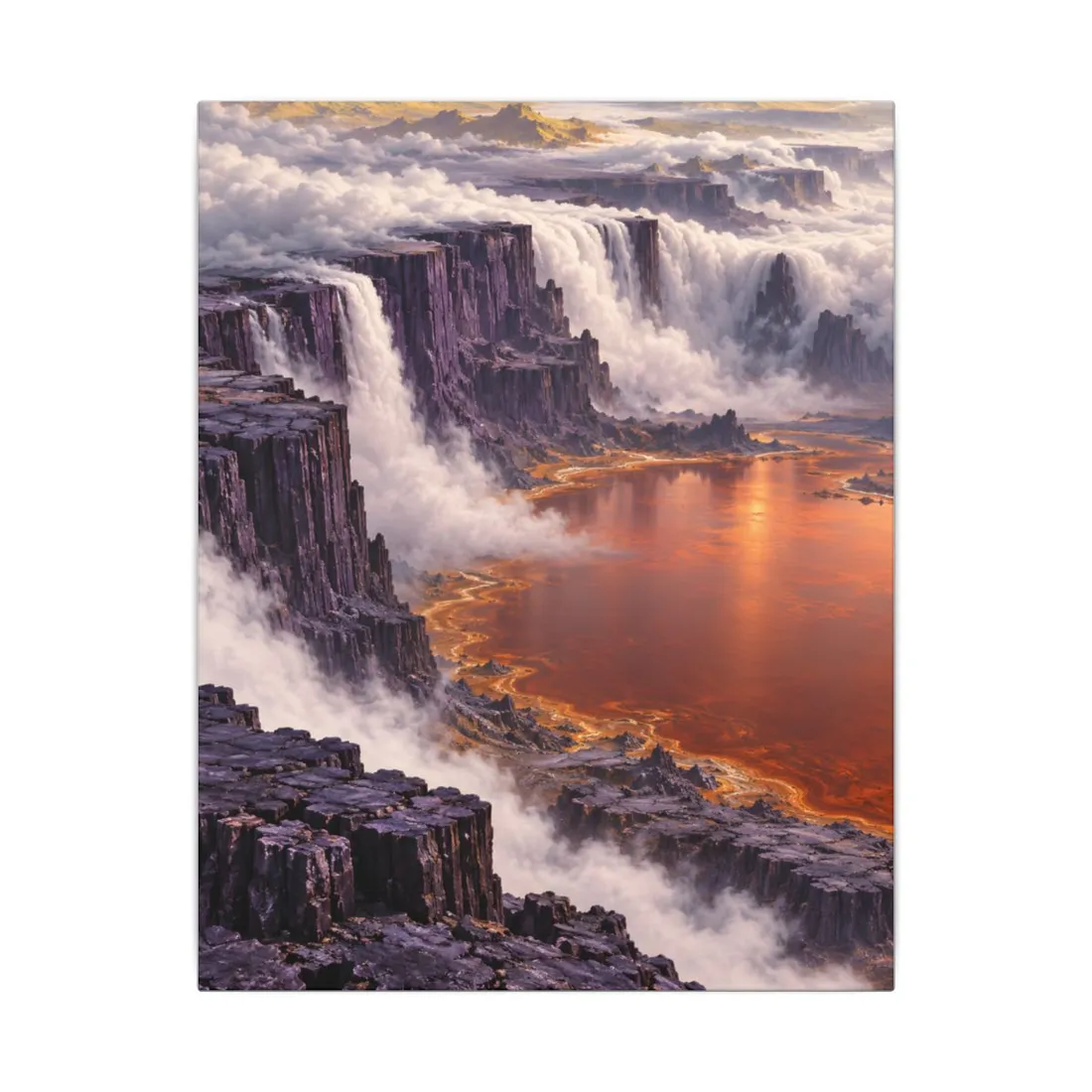Purple basalt cliffs with mist spilling over edges above a glowing orange lake – Canvas Print, view 1