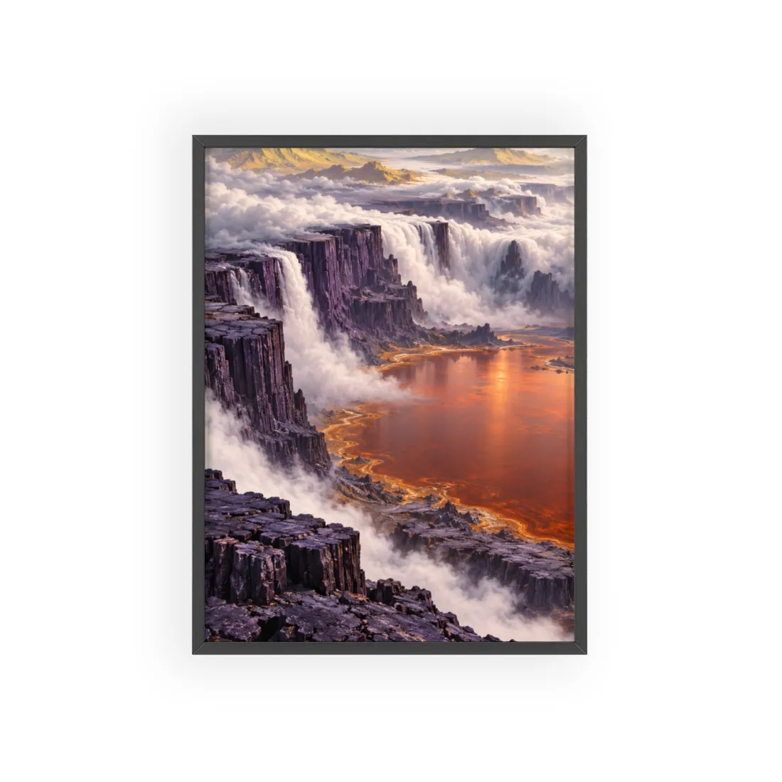 Purple basalt cliffs with mist spilling over edges above a glowing orange lake – Framed Poster, view 1