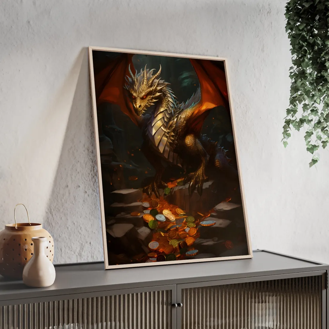 Ancient Fantasy Dragon Guard: Majestic Creature Art - Framed Poster