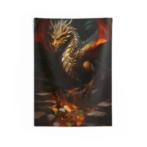 Golden Dragon Guarding Coins Wall Tapestry