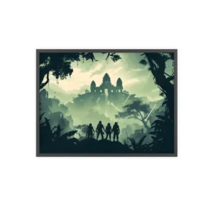Jungle Temple with Silhouetted Figures Framed Poster