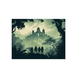 Jungle Temple with Silhouetted Figures Metal Poster