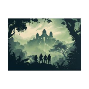 Jungle Temple with Silhouetted Figures Poster