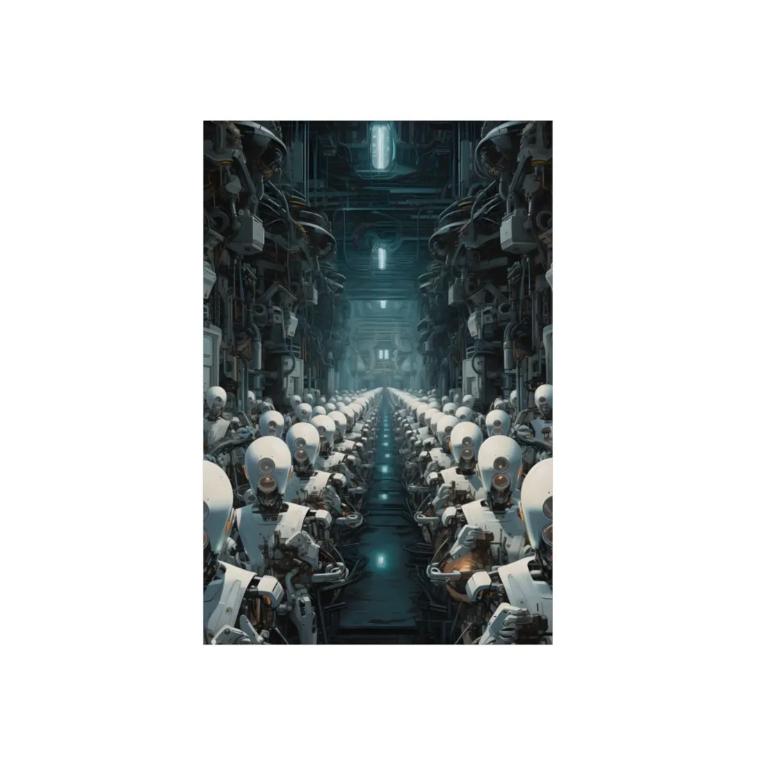 Android Assembly: Rows of Identical Robots - Metal Poster