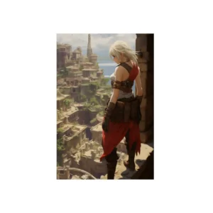 Woman Overlooking Coastal City Metal Poster