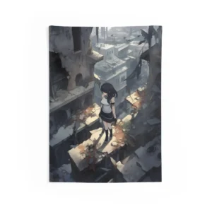 Girl on Ruined Rooftop Wall Tapestry