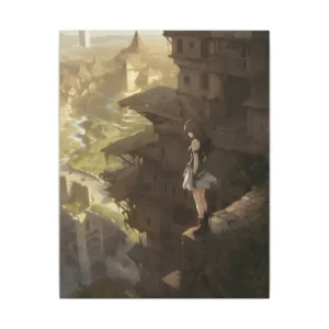 Anime Girl on Ruins Ledge: City Overlook Scene Canvas Print