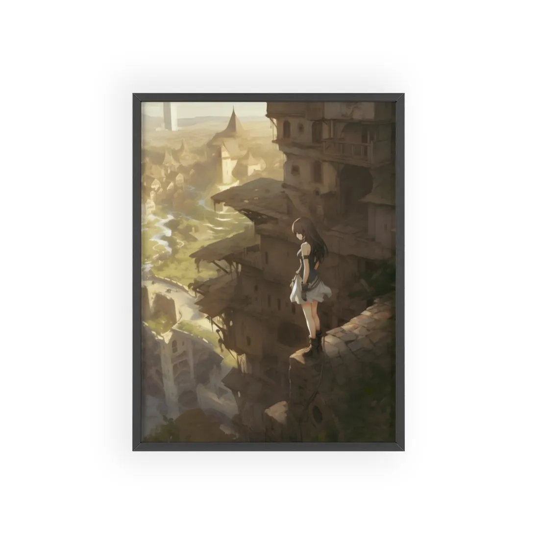 Anime Bird in Flight: Feathered Friend Soaring Through Air - Framed Poster