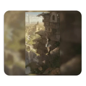 Anime Girl on Ruins Ledge: City Overlook Scene Mouse Pad