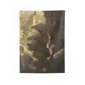 Girl Overlooking Valley Town Wall Tapestry